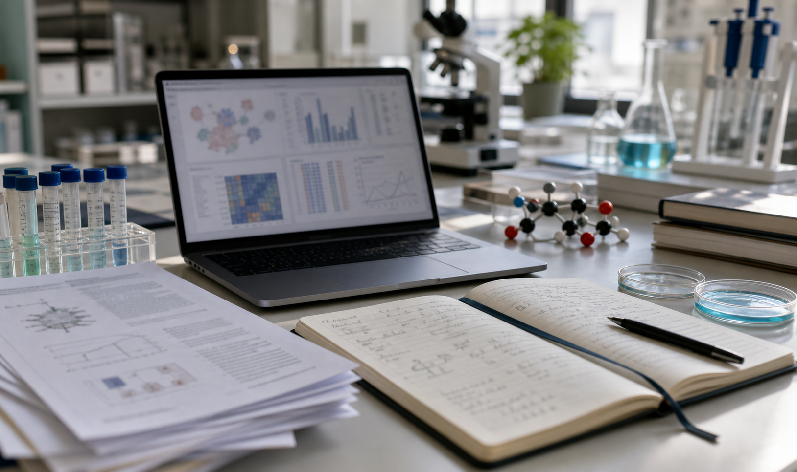 Research workspace with biology papers, code, and lab materials